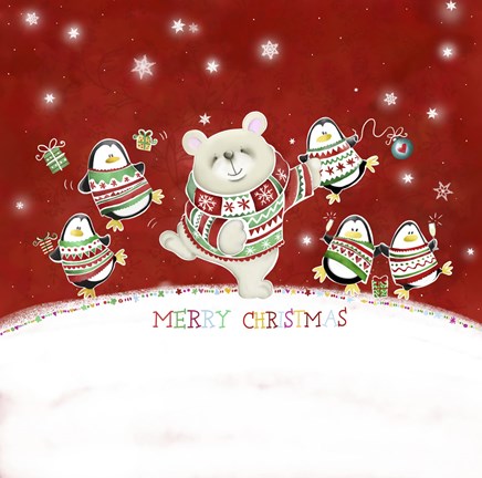 Framed Merry Christmas Penguin and Bear Dance Print