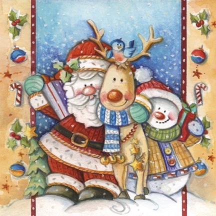 Framed Santa Deer Snowman Snuggle Print