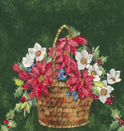 Framed Pointsettia and Mistletoe Holiday Basket Print