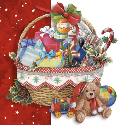 Framed Christmas Toy Basket and Bear Print