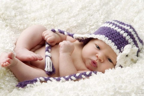 Framed Baby In Lavender And White Cap Print
