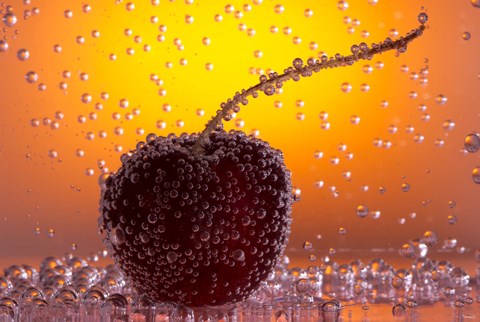 Framed Cherry Underwater Covered In Water Drops II Print