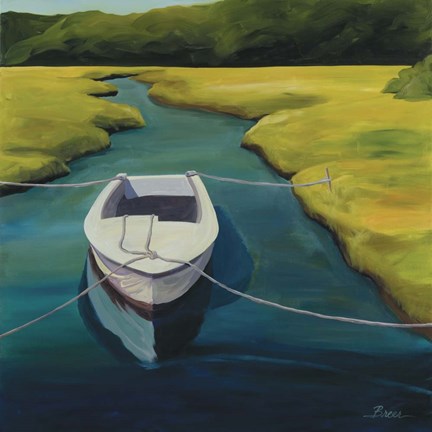Framed Boat In Cove Print