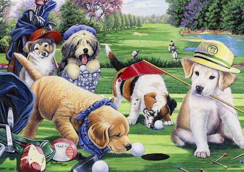 Framed Golfing Puppies Print
