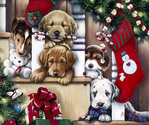 Framed Christmas Puppies On The Loose Print