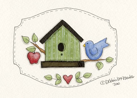 Framed Green Birdhouse With Bird Print