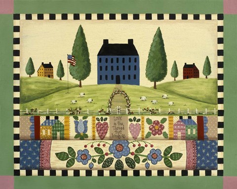 Framed Blue House With Quilts Print