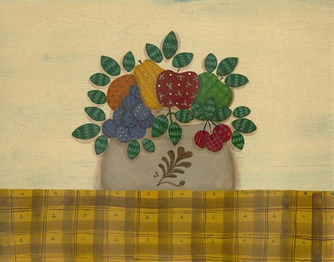 Framed Fruit With Gold &amp; Brown Tablecloth Print