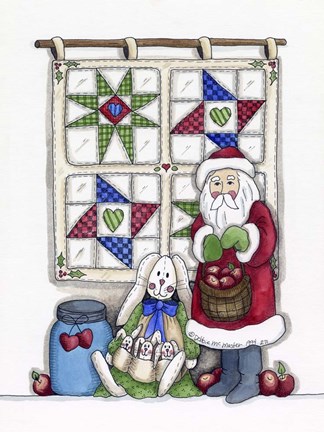 Framed Santa With Quilt &amp; Bunnies Print