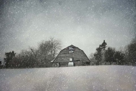 Framed Snowing At The Old Barn Print