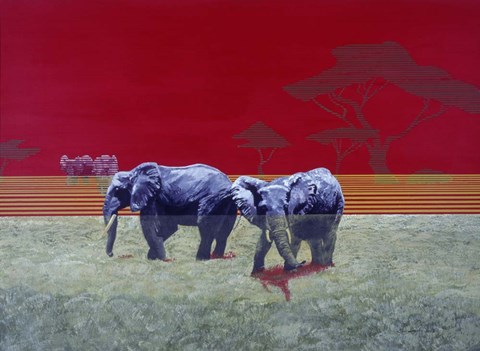 Framed Elephants With Red Sky Print