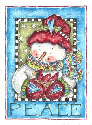 Framed Peace Snowman and Cardinal Print