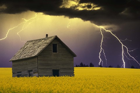 Framed Old House with Lightning Print