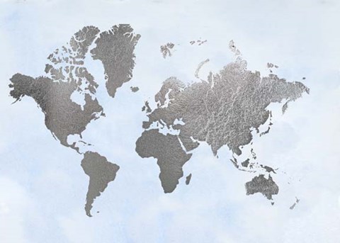 Framed Large Silver Foil World Map on Blue - Metallic Foil Print