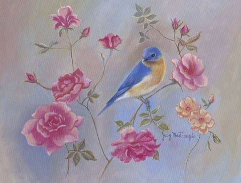 Framed Blue Bird In Roses Print