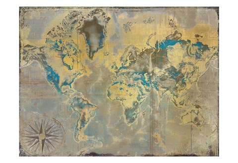 Framed Golden Teal World Map Print