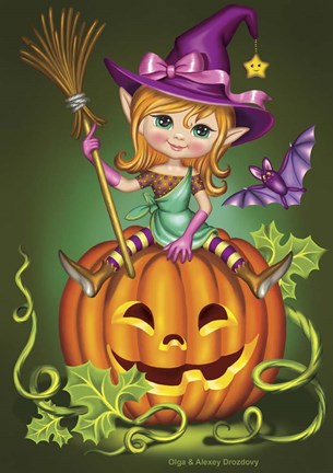 Framed Witch with a Broom on a Pumpkin Print