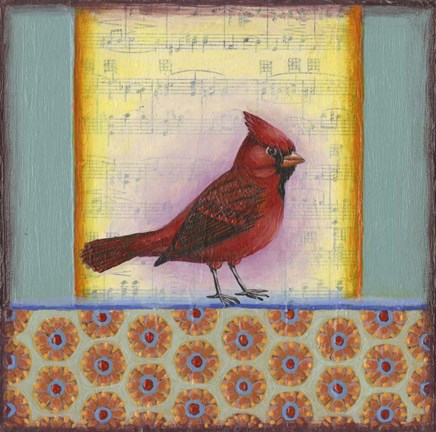 Framed Cardinal on Music Notes 2 Print