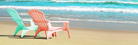 Framed Bright Adirondak Chairs on the beach Print
