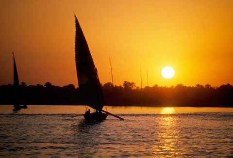 Framed Silhouette of a traditional Egyptian Falucca, Nile River, Luxor, Egypt Print