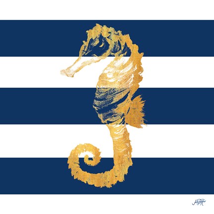 Framed Gold Seahorse on Stripes II Print