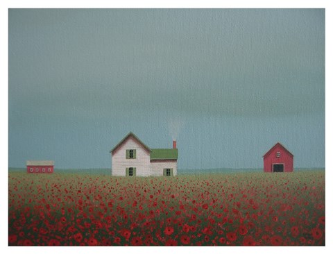 Framed Farmstead in a Field of Poppies Print