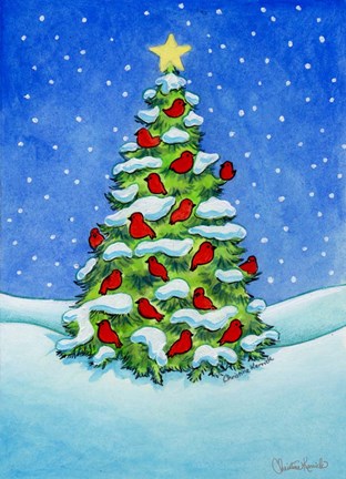 Framed Christmas Red Bird Tree Print