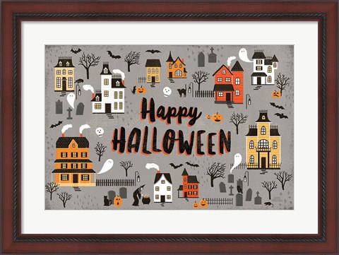 Framed Spooky Village I Gray Print
