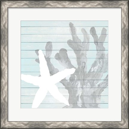 Framed Starfish on Blue Wood Print