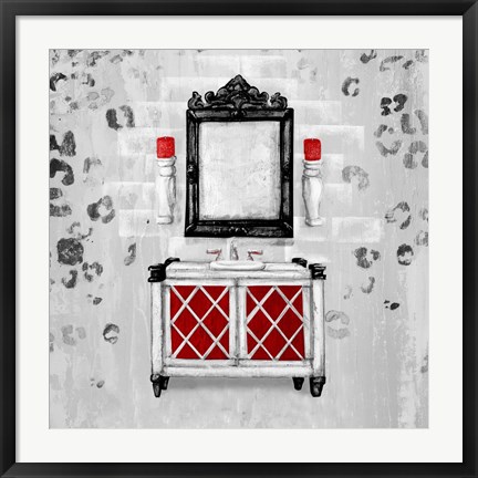 Framed Red Antique Mirrored Bath Square I Print