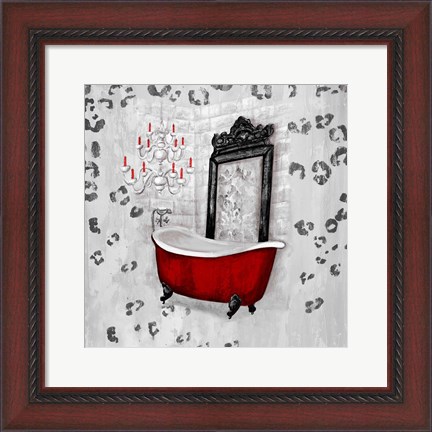 Framed Red Antique Mirrored Bath Square II Print