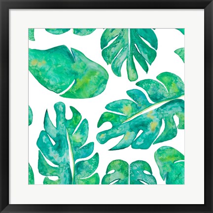 Framed Aqua Leaves On White Print