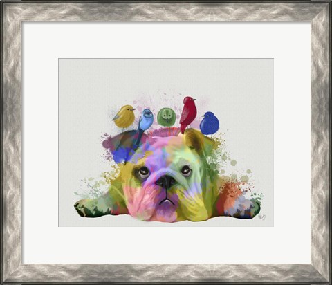 Framed English Bulldog and Birds, Rainbow Splash Print