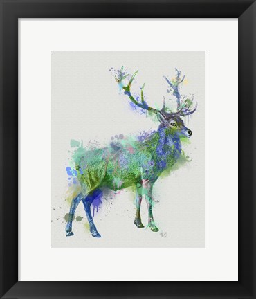 Framed Deer 1 Rainbow Splash Green Blue Print