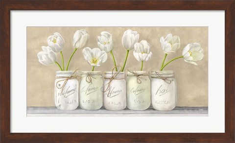 Framed White Tulips in Mason Jars Print
