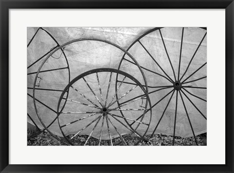 Framed Old Metal Wagon Wheels (BW) Print