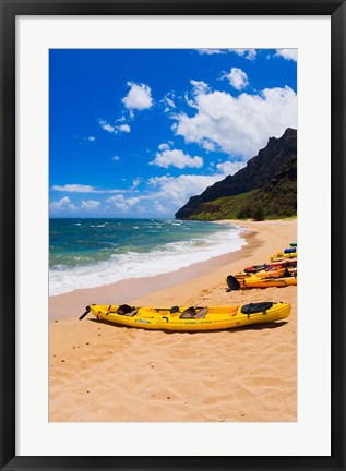 Framed Sea Kayaks On Milolii Beach, Island Of Kauai, Hawaii Print