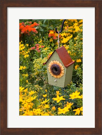 Framed Sunflower Birdhouse In Garden Print