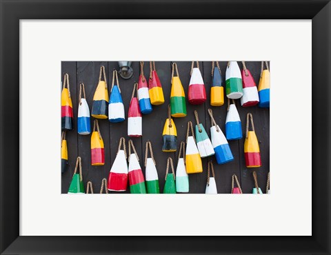 Framed Colorful Buoys Hanging On Wall, Bar Harbor, Maine Print