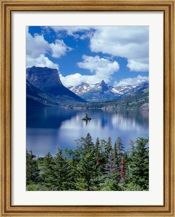Framed Cumulus Clouds Drift Over Saint Mary Lake And Wild Goose Island Print