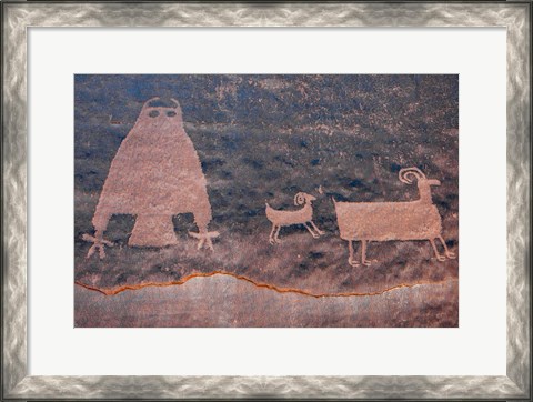 Framed Ancient Petroglyph Of Owl And Big Horn Sheep, Utah Print