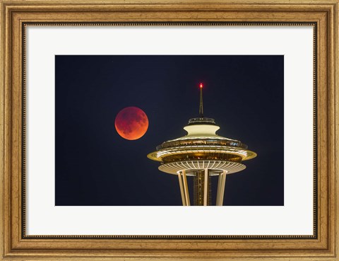 Framed Blood Moon Rises Over The Seattle Space Needle Print