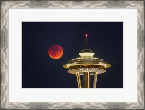 Framed Blood Moon Rises Over The Seattle Space Needle Print