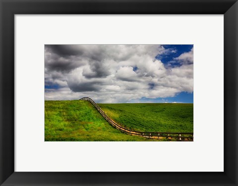 Framed Long Fence Running Through A Wheat Field Print