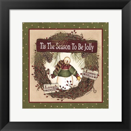 Framed Snowman Christmas Wreath Print