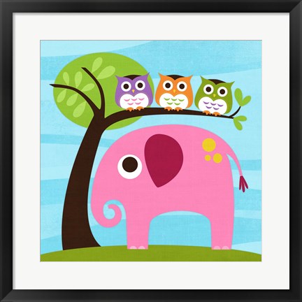 Framed Elephant with Three Owls Print