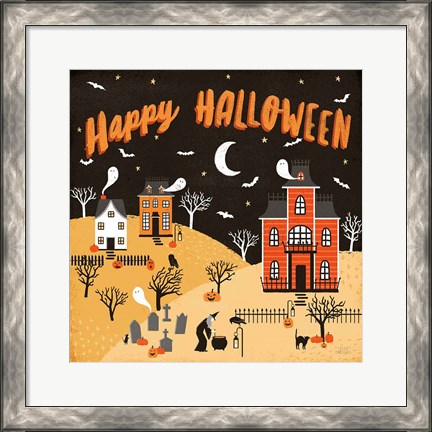Framed Spooky Village IV Happy Halloween Print