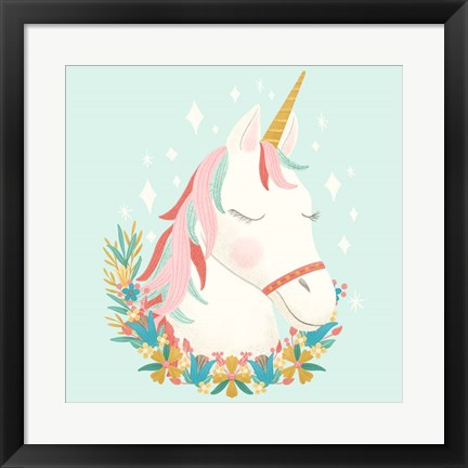 Framed Unicorns and Flowers I Print