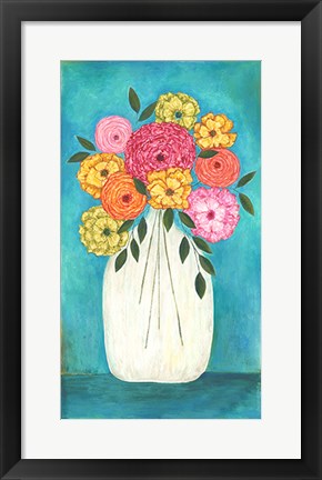 Framed Bright Flowers - Teal Background II Print