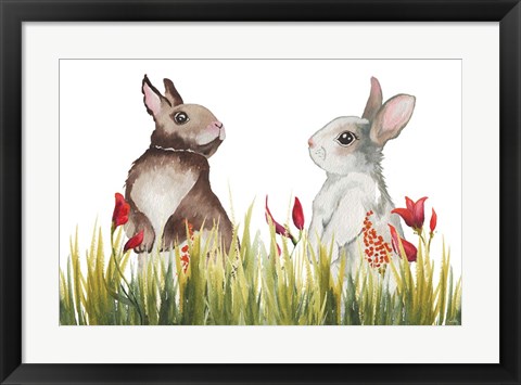 Framed Bunnies Among the Flowers I Print